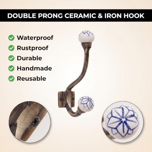 Indian Shelf Blue White Ceramic Double Wall Coat Hooks Heavy Duty 6 Pack - Image 3