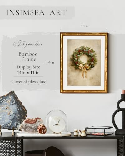 InSimSea Gold Bamboo Framed Christmas Wall Art, Retro Berry Wreath - Image 2