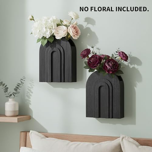 2 Pack Black Wooden Wall Vase for Pampas Grass and Dried Flowers - Image 2