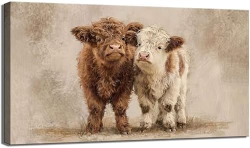 Highland Cow Calves Canvas Wall Art Large Retro Calf Decor Painting Picture by Rijkwrdwallart