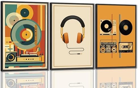 3Pcs Vintage Music Canvas Wall Art MidCentury Modern Vinyl Turntable Painting by SolaireCraftwallart