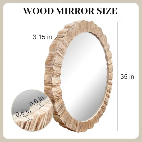 35" Large Round Wood Mirror, Rustic Wall Mirror - Image 3