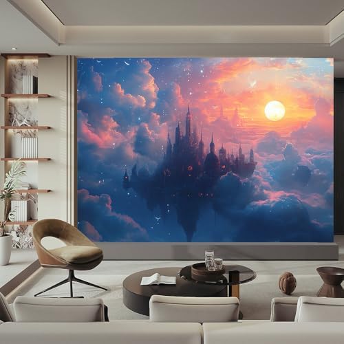 Pink Blue Wallpaper Mural Castle in Clouds Sun Stars Fantasy Dramatic Style - Image 2