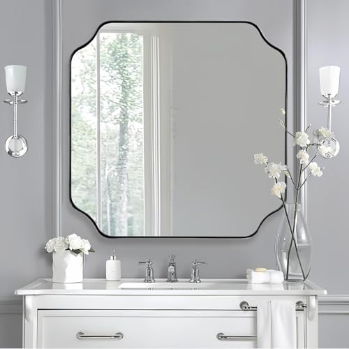 ANDY STAR 30"x30" Chrome Square Mirror, Polished Nickel Scalloped Bathroom - Image 3
