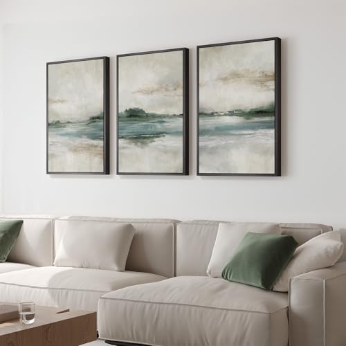 Framed Blue Green Abstract Landscape Wall Art, 3 Piece Set, Each 16x24 In by Cuspin