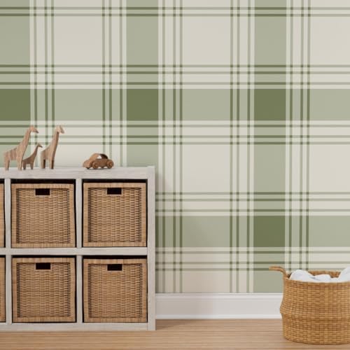 Spoonflower Sage Green Plaid Peel and Stick Wallpaper - Image 7