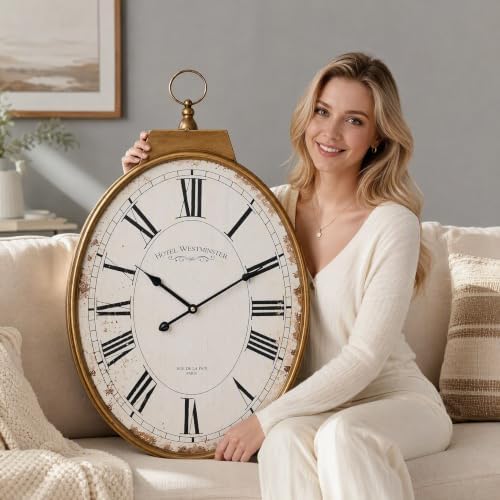 EMAX HOME Large 25-Inch Oval Wall Clock, Vintage Gold Distressed Metal Frame by EMAXHOME