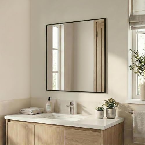 30"x30" Matte Black Framed Square Bathroom Vanity Wall Mirror - Image 2