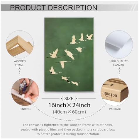 Emerald Green Gold Cranes Wall Art Japanese Bird Poster 16X24 inch Framed - Image 2