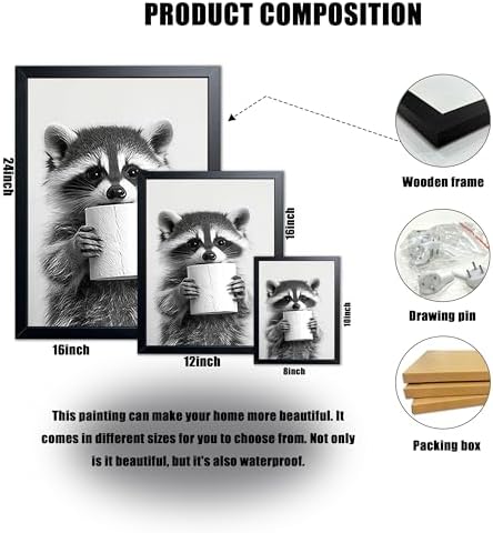XYHYRA Bathroom Wall Art, Cute Black and White Raccoon Canvas Prints Poster - Image 3