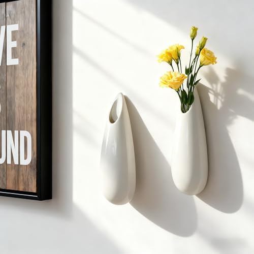 White Ceramic Wall Vases, 7.9 Inch, Teardrop Design - Image 6