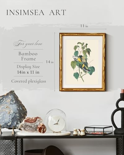 InSimSea Gold Bamboo Framed Wall Art, Vintage Bird Botanical Prints - Image 3