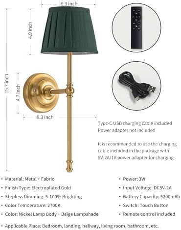 KDG Gold Cordless Wall Sconces Set of 2 - Image 5