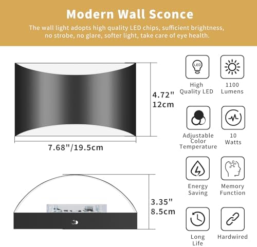Black Modern LED Wall Sconce, 3 Colors Hardwired Indoor Wall Lights - Image 2