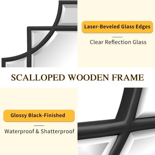 HQiJun Black Mirror for Wall, 36x24 Wood Framed, Scalloped Beveled Polished - Image 5