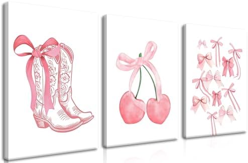 Fashion Pink Bows Wall Art Set of 3, Preppy Watercolor Cherry Cowboy Boots Wall by Unknown