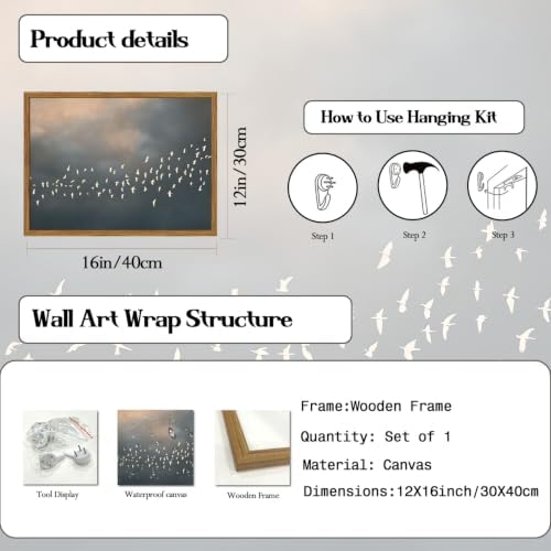 Framed Vintage Flying Bird Canvas Wall Art, Minimalist Abstract Flock of White - Image 5