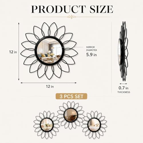 Black Flower Mirror Set of 3, Floral Petal Accent Mirror Wall Decor - Image 2