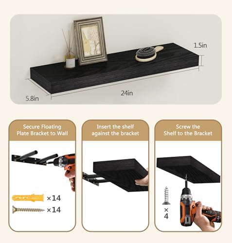 Vervida® Black Rustic Floating Wall Shelves 24in Set of 3 Hidden - Image 3