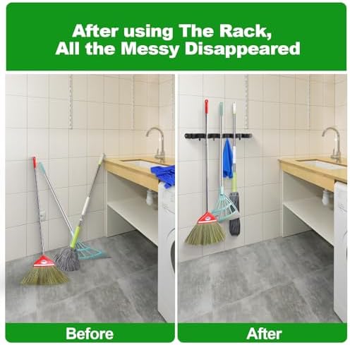 voze 3 Racks and 4 Hooks Mop and Broom Holder Wall Mount, Self Adhesive Heavy - Image 3