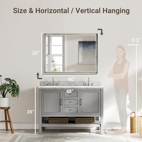 40 x 30 Brushed Nickel Bathroom Mirror, Beveled Framed Bathroom Mirror - Image 2