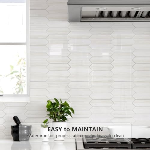 Vamos Tile 1 Sheet Glossy Dolomite White Backsplash Tile Peel and Stick - Image 2