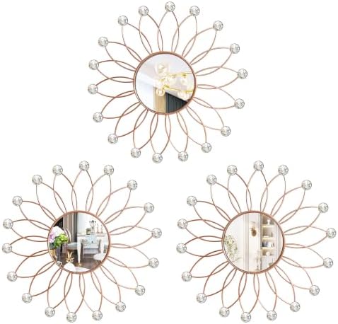 3 Pack Wall Metal Mirrors Sunburst Wall Mirror Rose Gold Crystal Wall Art by Uaussi