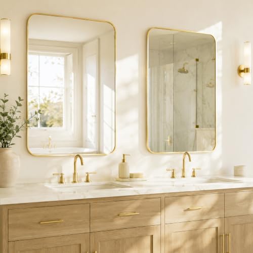 2-Pack 24x36 Inch Brushed Gold Rounded Rectangle Vanity Mirrors - Image 5