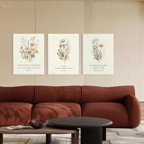 SEHSUVC Boho Christian Flowers Bible Verse Canvas Wall Art Set of 3 24x16in - Image 2