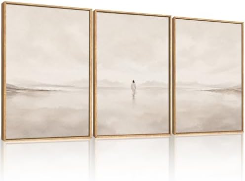 Large Abstract Jesus Christian Framed Canvas Wall Art, Neutral Beige Lake Wall by Unknown