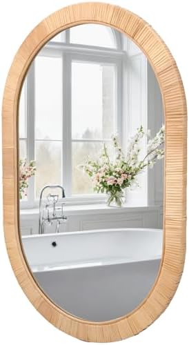 FUIN 20" x 30"Handcrafted Rattan Oval Wall Mirror – Natural Woven Wicker Frame - Image 2