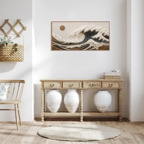 HLNIUC Boho Sea Great Wave Framed Canvas Wall Art, Vintage Japanese Ocean - Image 6