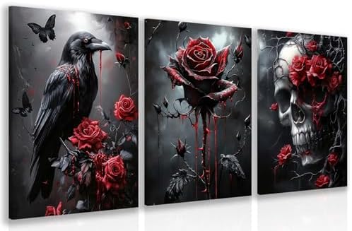 Hianan Wrapped Canvas Dark Goth Crow Rose Skull Wall Art Set of 3, 16x24 in by Unknown