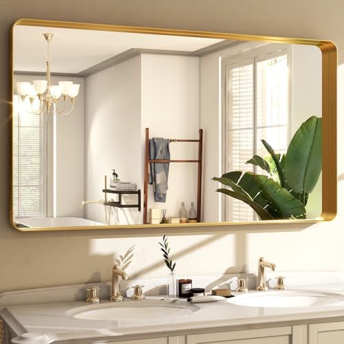 Easly 48 x 30 Inch Gold Bathroom Mirror, Rectangular Wall Mounted Shatterproof - Image 3