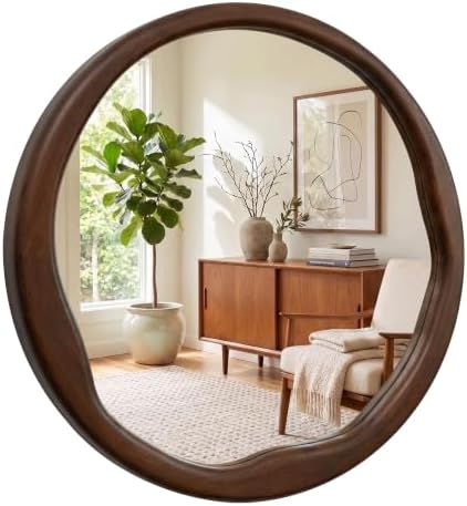Dark Walnut 30 Inch Round Wood Wall Mirror, Asymmetrical Inner Edge by Pocetry