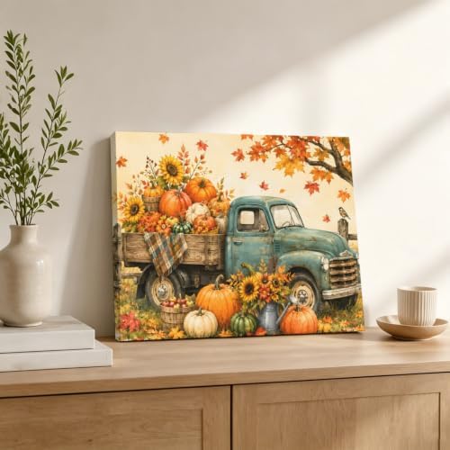 Fall Farmhouse Canvas Wall Art, Made in USA, Vintage Truck Pumpkins Sunflower - Image 2