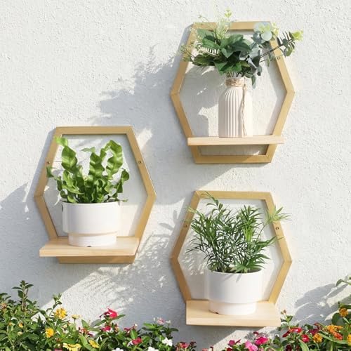 3 Pack Hexagon Wall Plant Stands, 9 Inch Wood Shelf Golden - Image 6