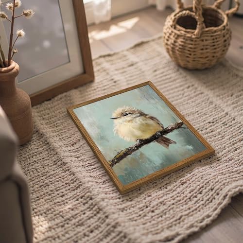 AVECCO Cute Funny Fluffy Bird on Branch Wall Art Canvas Framed 8x10 inch - Image 3