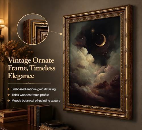 Vintage Gold Framed Celestial Wall Art, Moody Moon and Stars Gothic Painting - Image 3