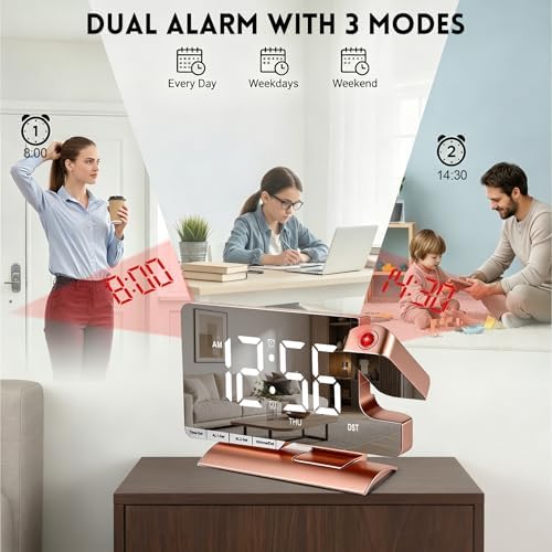 Projection Clock, Alarm Clocks for Bedrooms, 7.3"Mirror Bedside Clock - Image 4