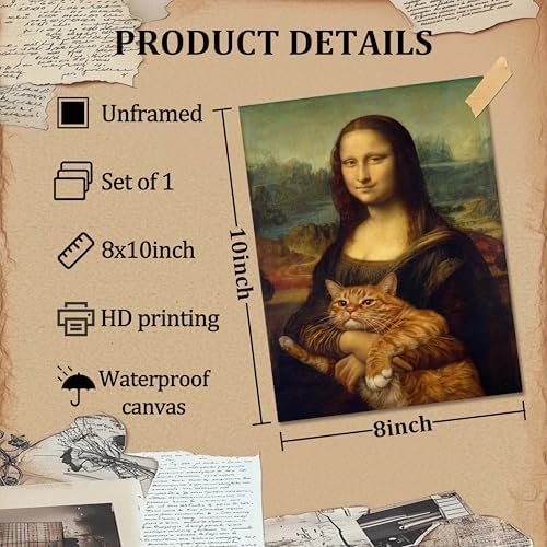 Funny Mona Lisa Cat Wall Art, Vintage Renaissance Mona Lisa Holding Orange - Image 3