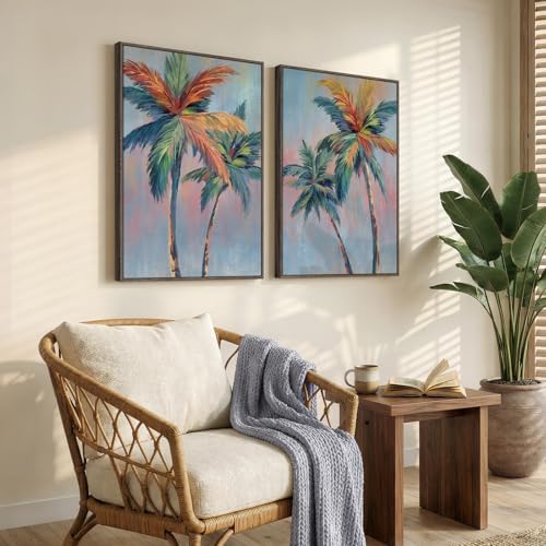 Framed Coastal Colorful Palm Tree Set of 2 Large Wall Art Bedroom, 20x30 In - Image 2