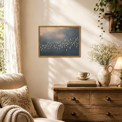 Framed Vintage Flying Bird Canvas Wall Art, Minimalist Abstract Flock of White - Image 4