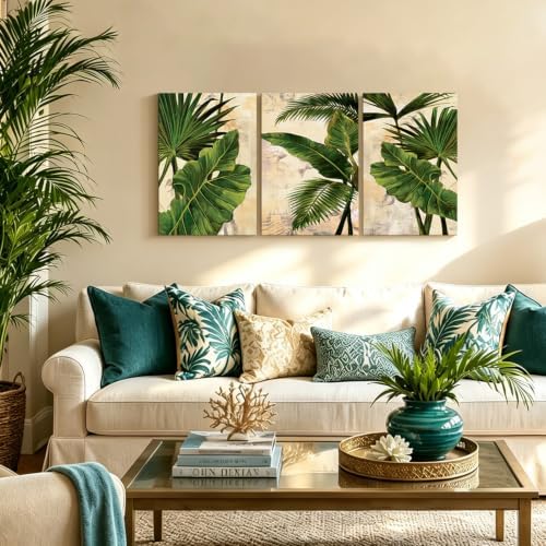 3 Pcs Palm Tree Leaf Canvas Wall Art Tropical Plants Wall Decor 16x24 Inch - Image 2