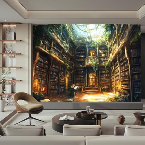 Warm Brown Green Decorative Wall Mural Wallpaper Lush Library Books Fantasy - Image 2