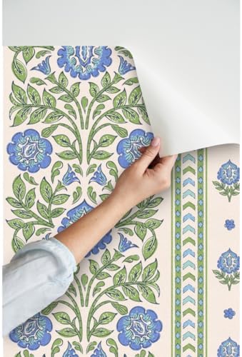 Spoonflower Indian Floral Blue Peel and Stick Wallpaper - Image 3