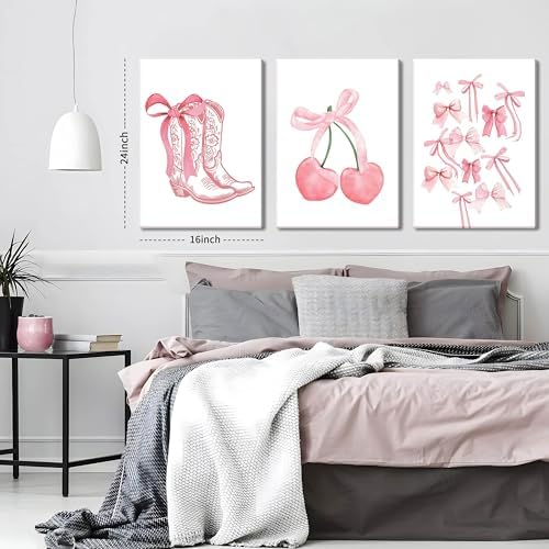 Fashion Pink Bows Wall Art Set of 3, Preppy Watercolor Cherry Cowboy Boots Wall - Image 2