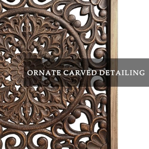 XIAOAIKA Boho Carved Wood Wall Art Panel, Floral Mandala, Distressed Brown - Image 3