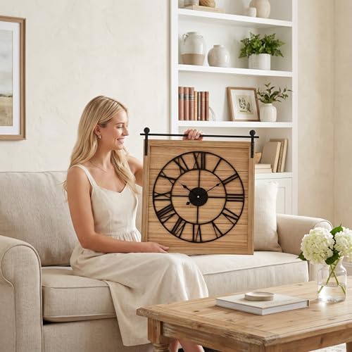 EMAX HOME 24 Inch Large Farmhouse Wall Clock, Unique Square Rustic Solid Wood - Image 2