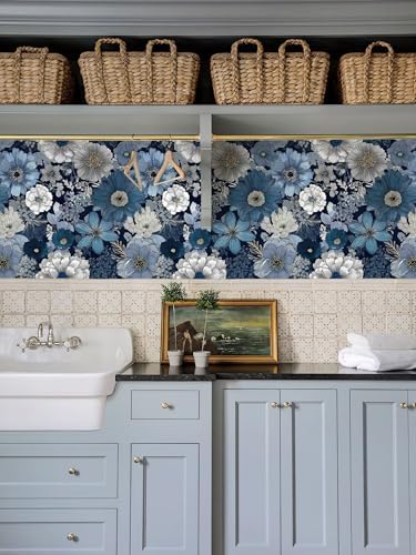 Navy Blue Floral Peel and Stick Wallpaper, Vintage Blue Bloom Wallpaper - Image 4